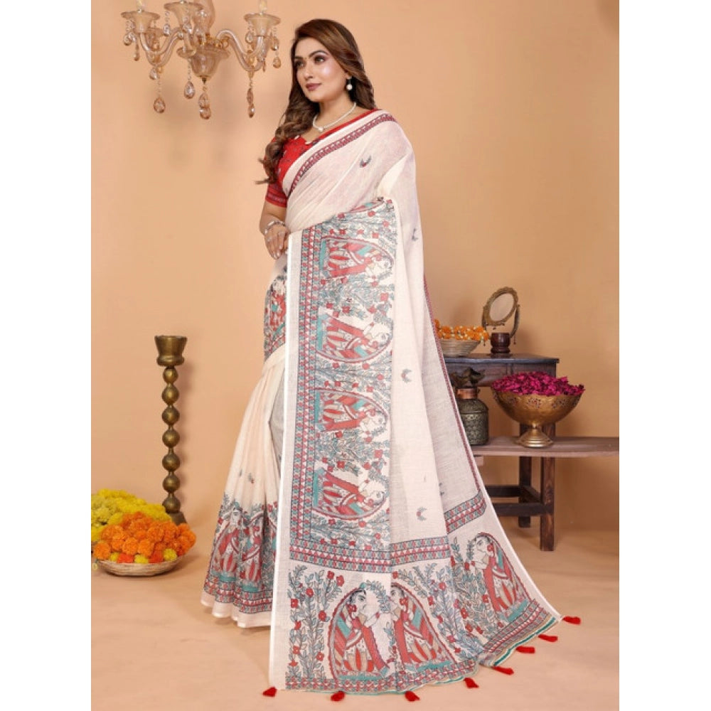 Women's Linen Cotton Printed Saree With Unstitched Blouse 5.5Mtr (Off White) - VANSHELLE