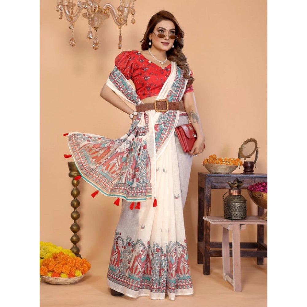 Women's Linen Cotton Printed Saree With Unstitched Blouse 5.5Mtr (Off White) - VANSHELLE