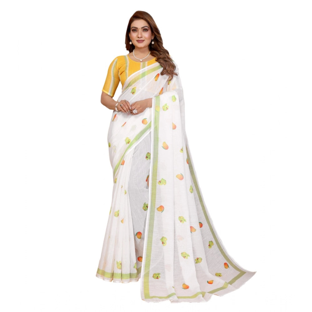 Women's Linen Cotton Printed Saree With Unstitched Blouse 5.5Mtr (White) - VANSHELLE