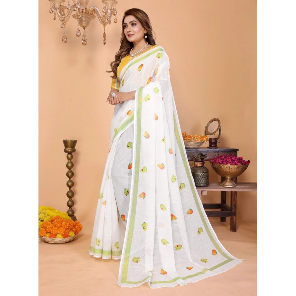 Women's Linen Cotton Printed Saree With Unstitched Blouse 5.5Mtr (White) - VANSHELLE