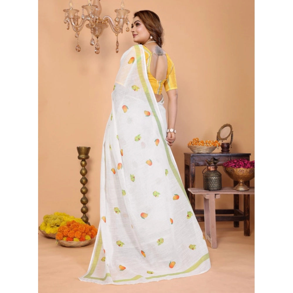 Women's Linen Cotton Printed Saree With Unstitched Blouse 5.5Mtr (White) - VANSHELLE