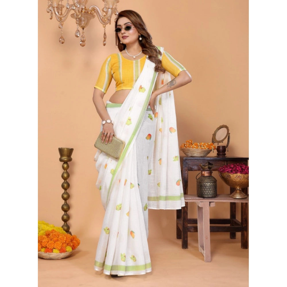 Women's Linen Cotton Printed Saree With Unstitched Blouse 5.5Mtr (White) - VANSHELLE