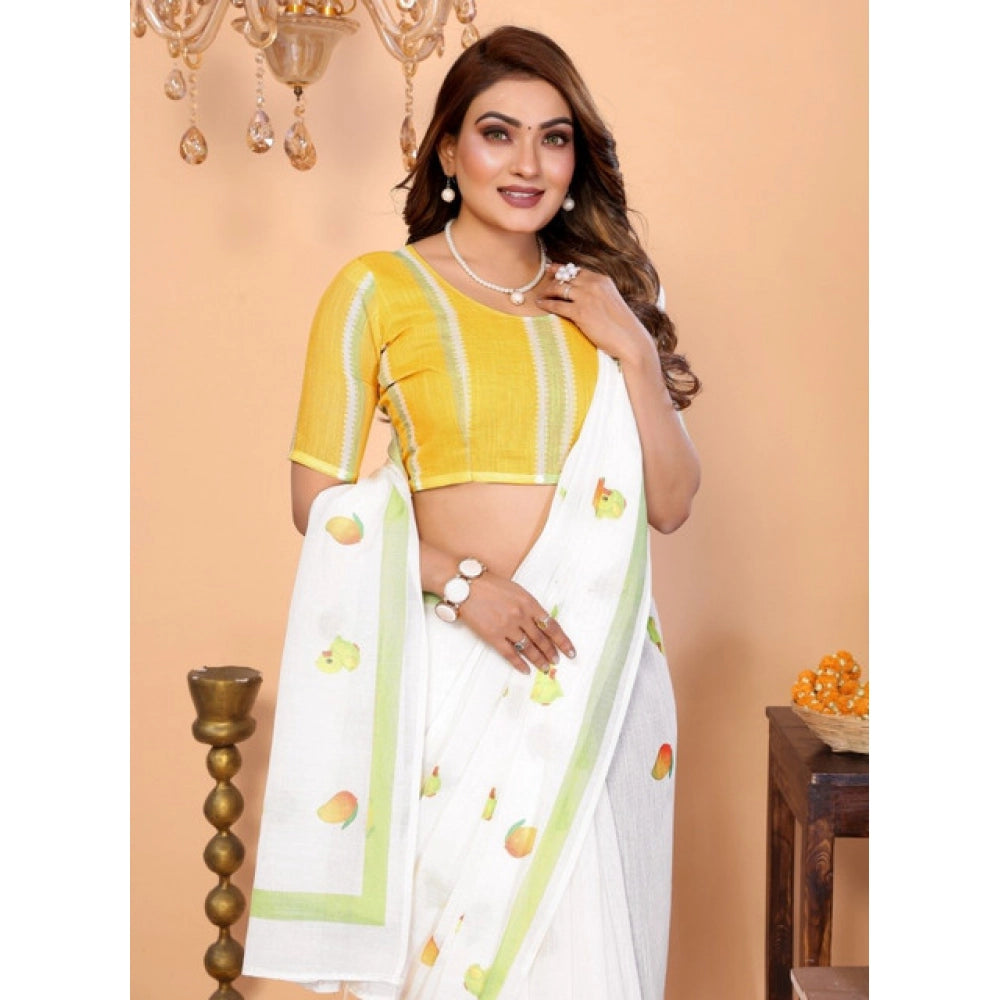 Women's Linen Cotton Printed Saree With Unstitched Blouse 5.5Mtr (White) - VANSHELLE