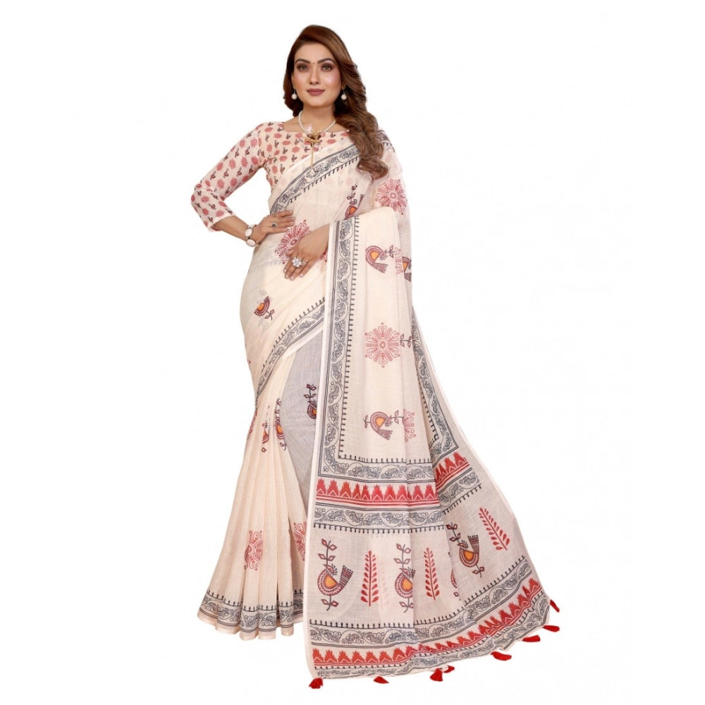Women'S Linen Cotton Printed Saree With Unstitched Blouse 5.5M