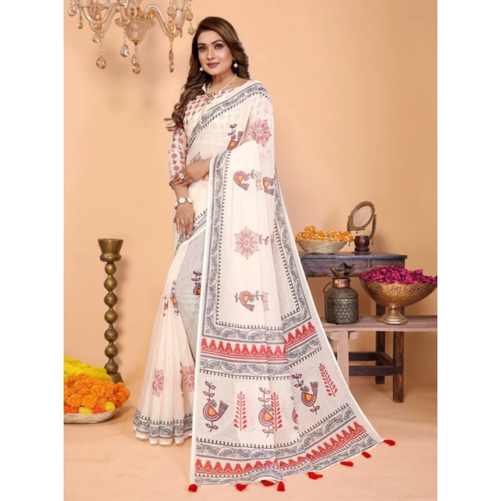 Women'S Linen Cotton Printed Saree With Unstitched Blouse 5.5M