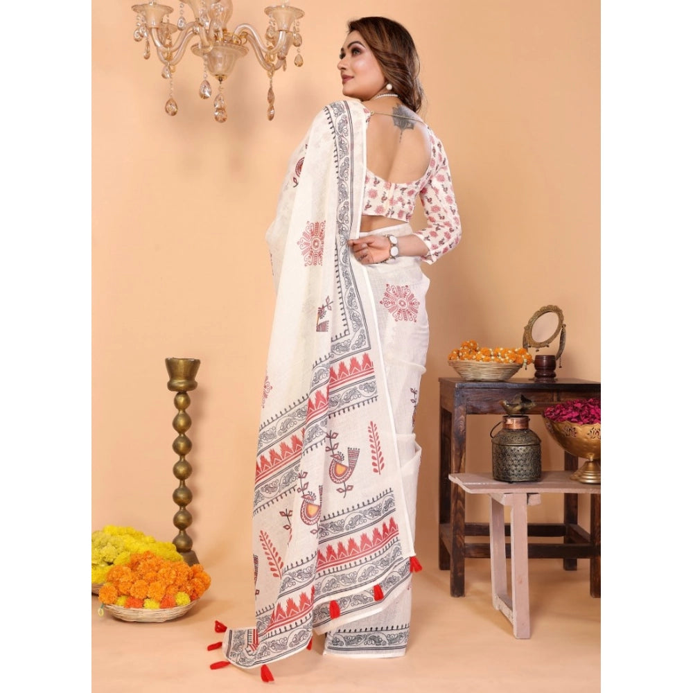 Women'S Linen Cotton Printed Saree With Unstitched Blouse 5.5M