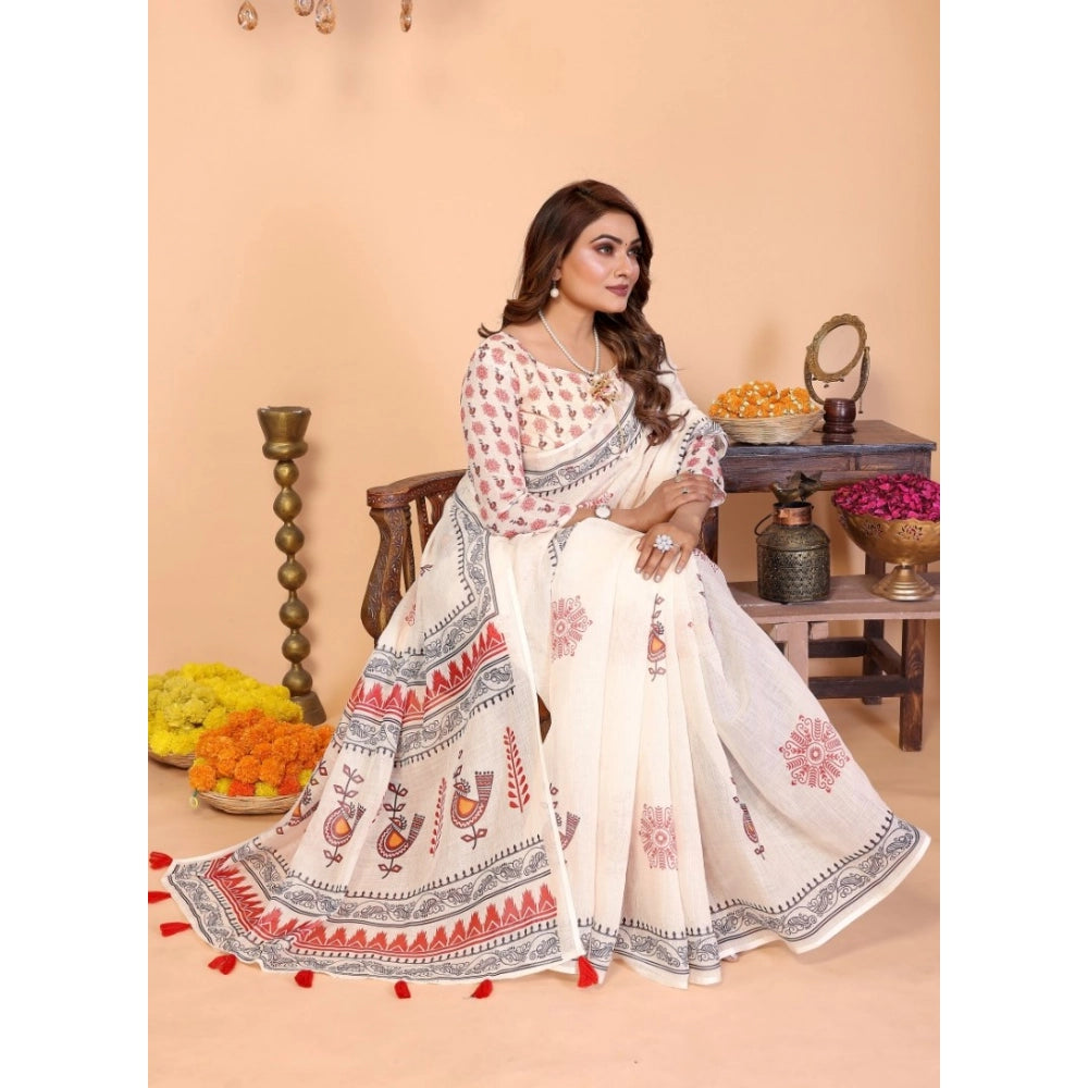 Women'S Linen Cotton Printed Saree With Unstitched Blouse 5.5M