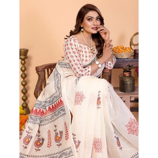 Women'S Linen Cotton Printed Saree With Unstitched Blouse 5.5M