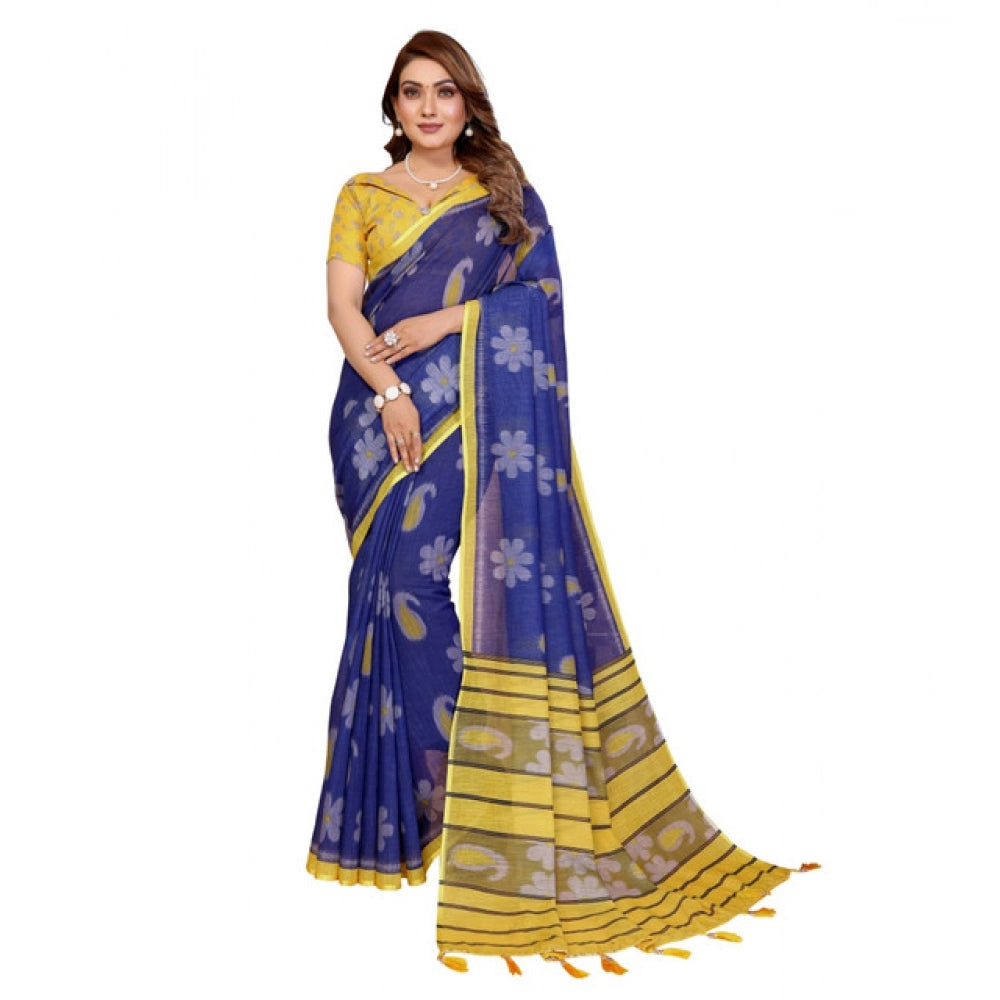 Women'S Linen Cotton Printed Saree With Unstitched Blouse 5.5M