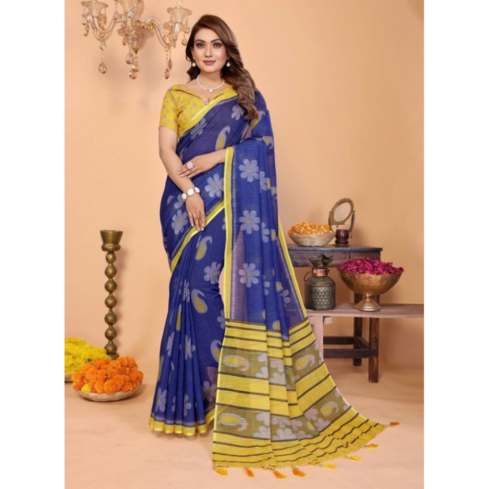 Women'S Linen Cotton Printed Saree With Unstitched Blouse 5.5M