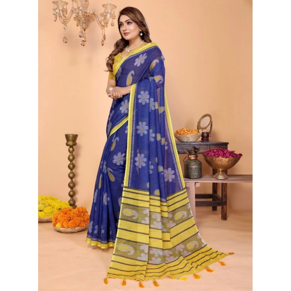 Women'S Linen Cotton Printed Saree With Unstitched Blouse 5.5M