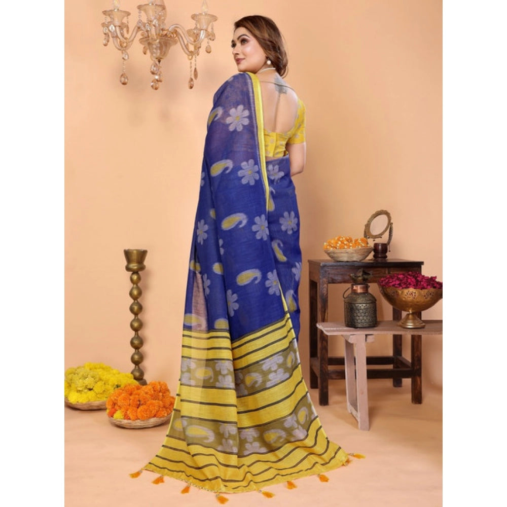 Women'S Linen Cotton Printed Saree With Unstitched Blouse 5.5M