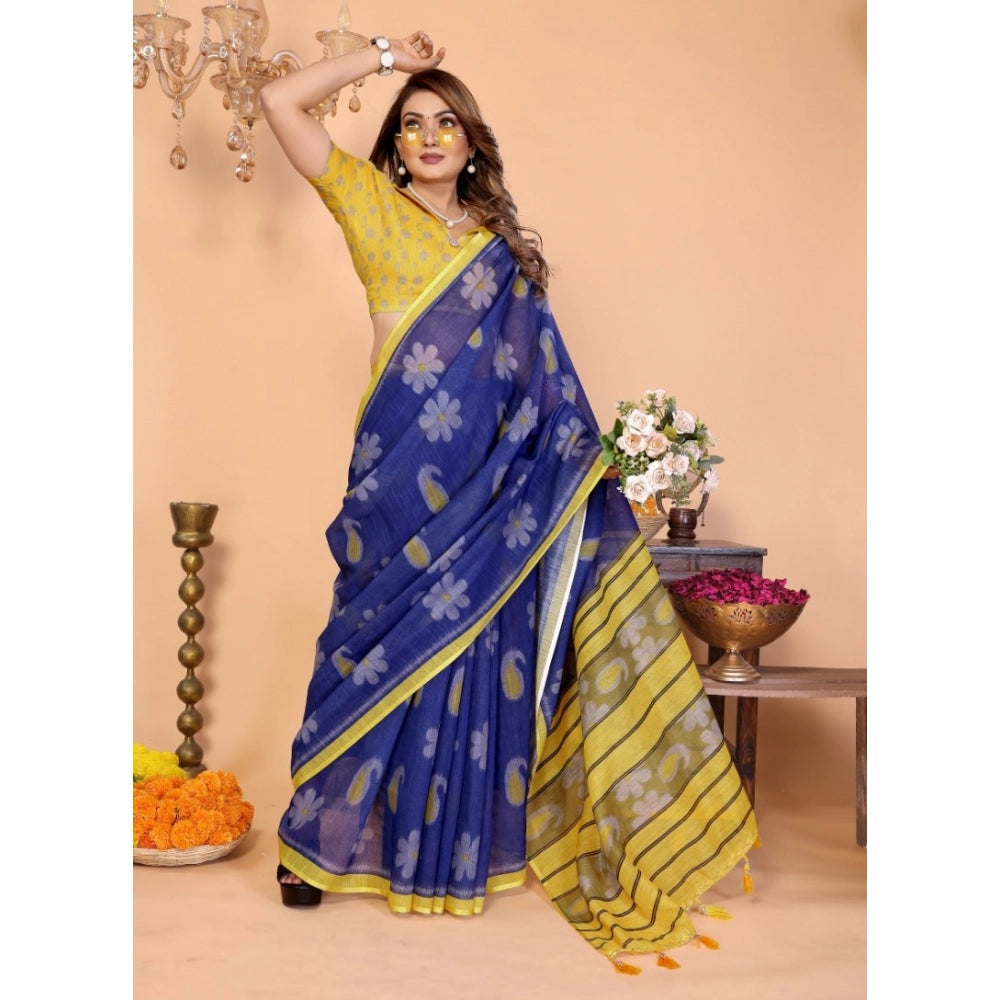 Women'S Linen Cotton Printed Saree With Unstitched Blouse 5.5M