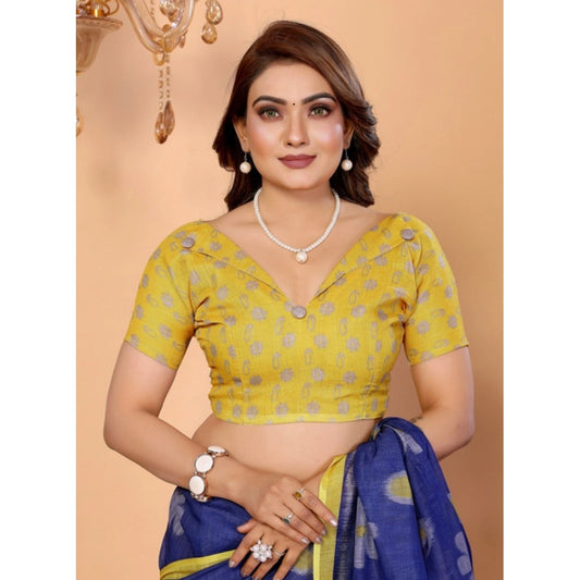 Women'S Linen Cotton Printed Saree With Unstitched Blouse 5.5M