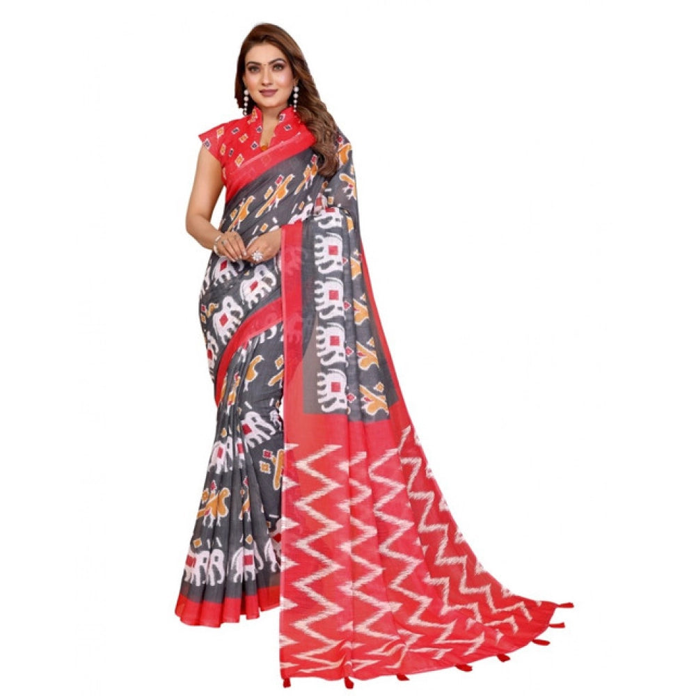 Women'S Linen Cotton Printed Saree With Unstitched Blouse 5.5M