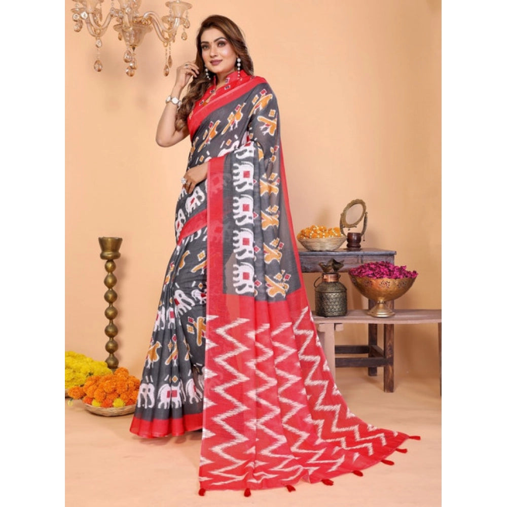 Women'S Linen Cotton Printed Saree With Unstitched Blouse 5.5M