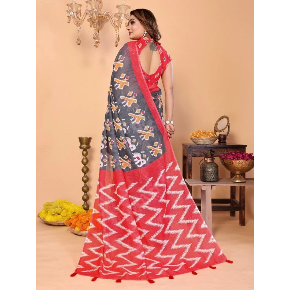 Women'S Linen Cotton Printed Saree With Unstitched Blouse 5.5M