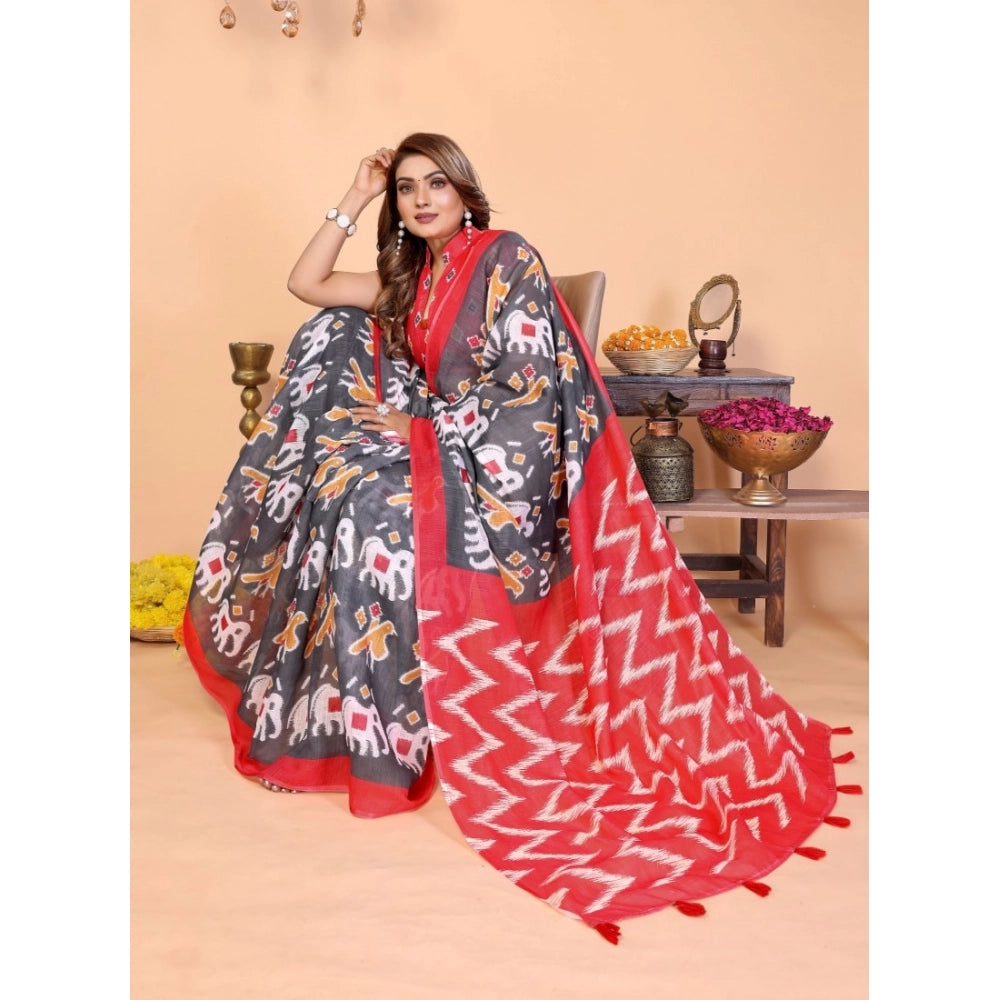 Women'S Linen Cotton Printed Saree With Unstitched Blouse 5.5M