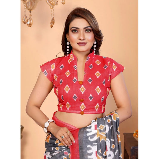 Women'S Linen Cotton Printed Saree With Unstitched Blouse 5.5M