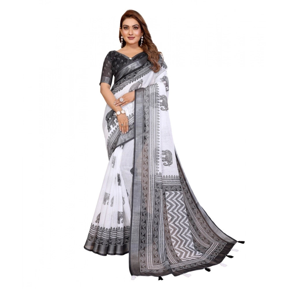 Women'S Linen Cotton Printed Saree With Unstitched Blouse 5.5M