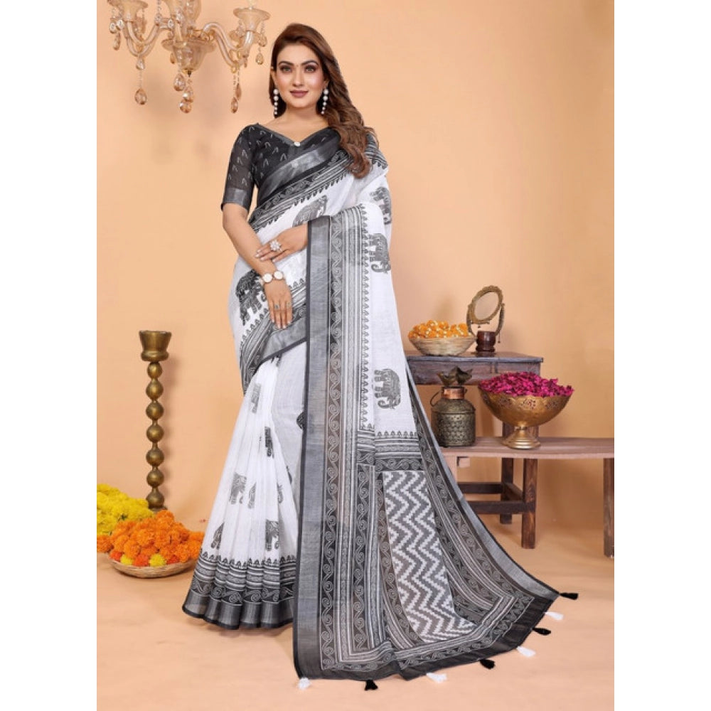 Women'S Linen Cotton Printed Saree With Unstitched Blouse 5.5M