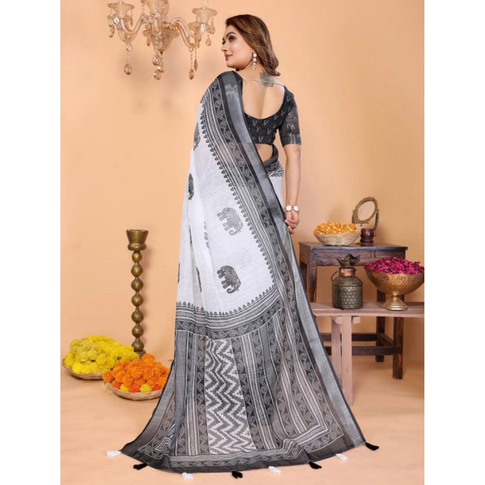 Women'S Linen Cotton Printed Saree With Unstitched Blouse 5.5M