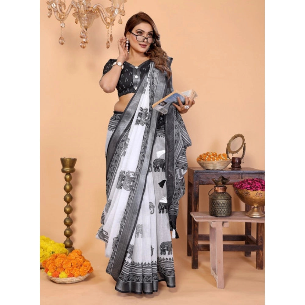 Women'S Linen Cotton Printed Saree With Unstitched Blouse 5.5M