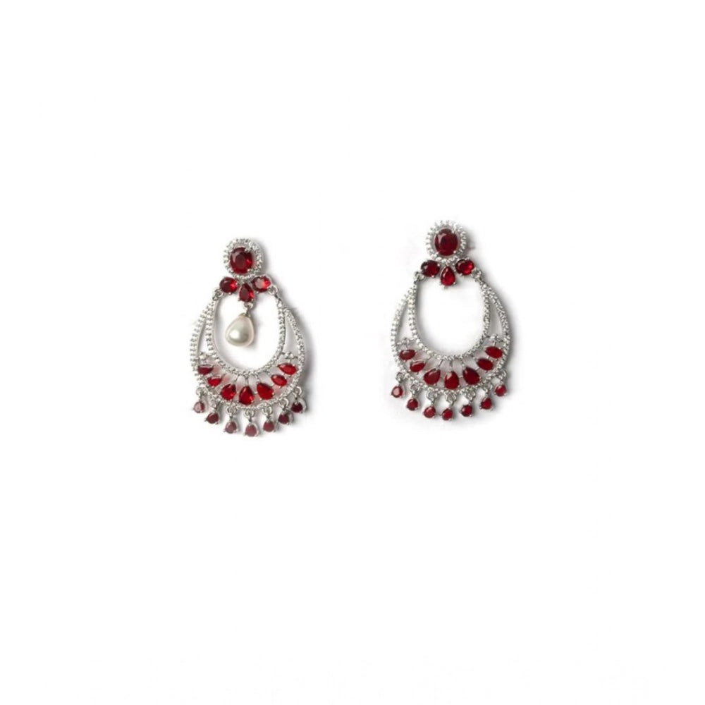 Women'S Brass Silver Plated Chandbali Earrings (Red)
