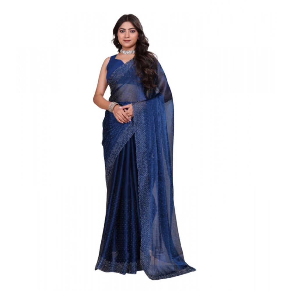 Women's Jimmy choo Embellished Bollywood Saree With Unstitched Blouse 5.5Mtr (Blue) - VANSHELLE
