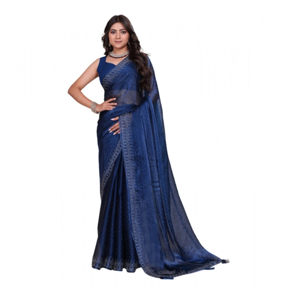 Women's Jimmy choo Embellished Bollywood Saree With Unstitched Blouse 5.5Mtr (Blue) - VANSHELLE