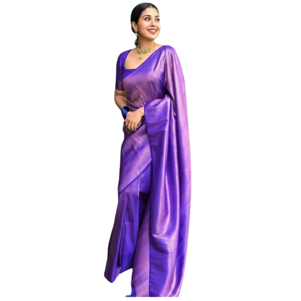 Women's Litchi silk Printed Saree With Unstitched Blouse (Purple) - VANSHELLE