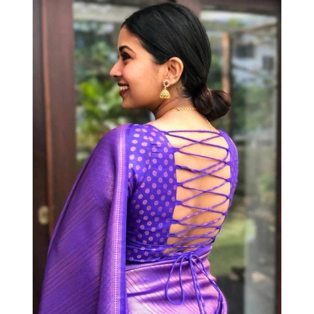Women's Litchi silk Printed Saree With Unstitched Blouse (Purple) - VANSHELLE