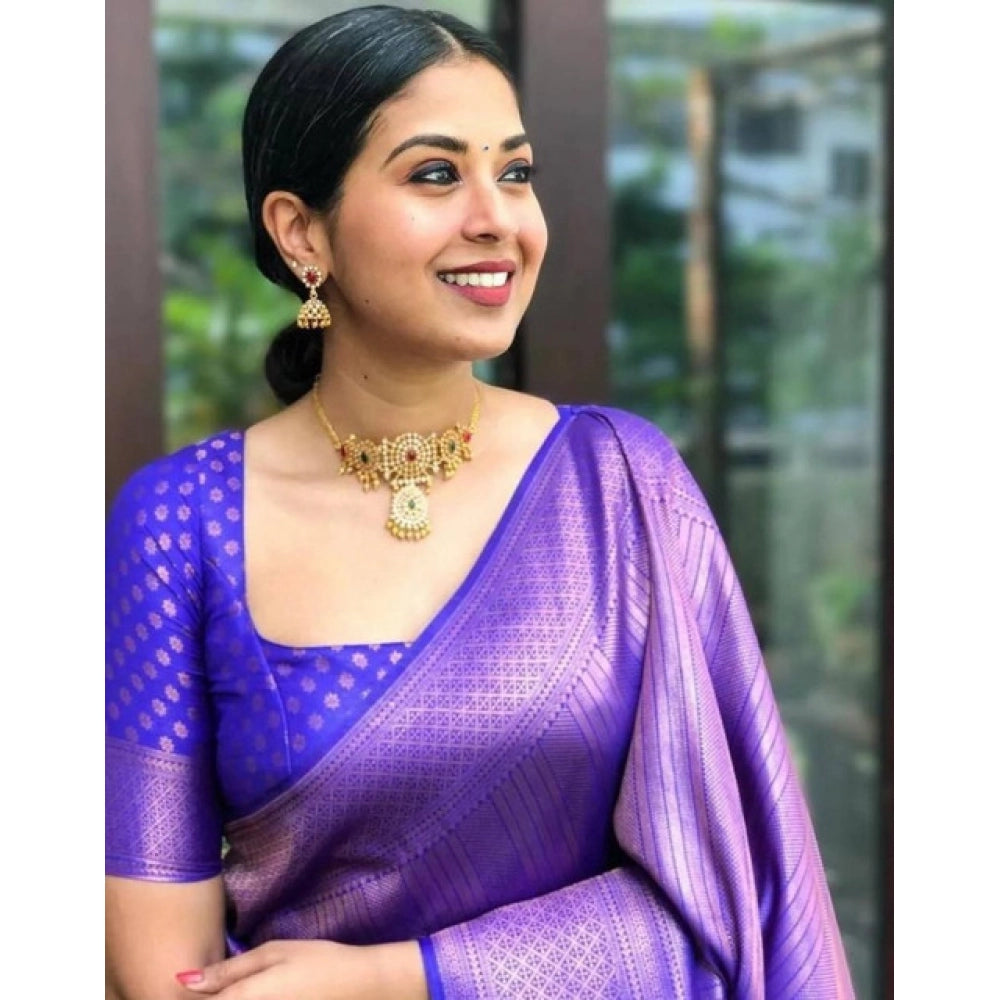 Women's Litchi silk Printed Saree With Unstitched Blouse (Purple) - VANSHELLE