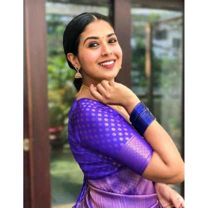 Women's Litchi silk Printed Saree With Unstitched Blouse (Purple)