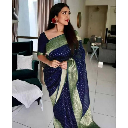 Women's Litchi silk Printed Saree With Unstitched Blouse (Blue) - VANSHELLE