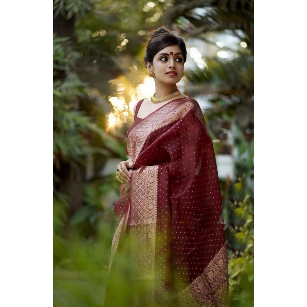 Women's Litchi silk Printed Saree With Unstitched Blouse (Maroon) - VANSHELLE