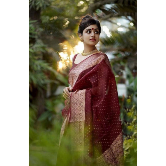 Women's Litchi silk Printed Saree With Unstitched Blouse (Maroon) - VANSHELLE