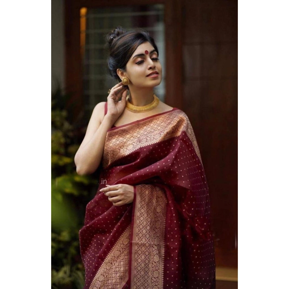 Women's Litchi silk Printed Saree With Unstitched Blouse (Maroon) - VANSHELLE