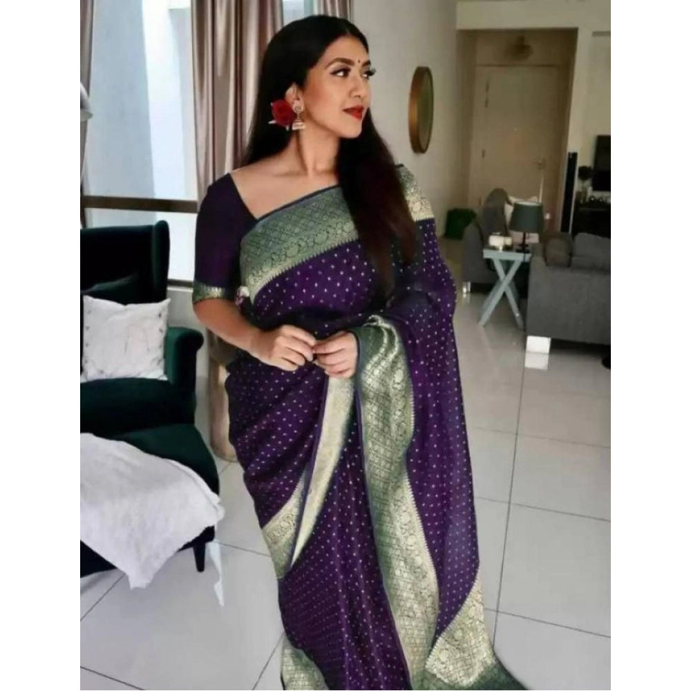 Women's Litchi silk Printed Saree With Unstitched Blouse (Purple) - VANSHELLE