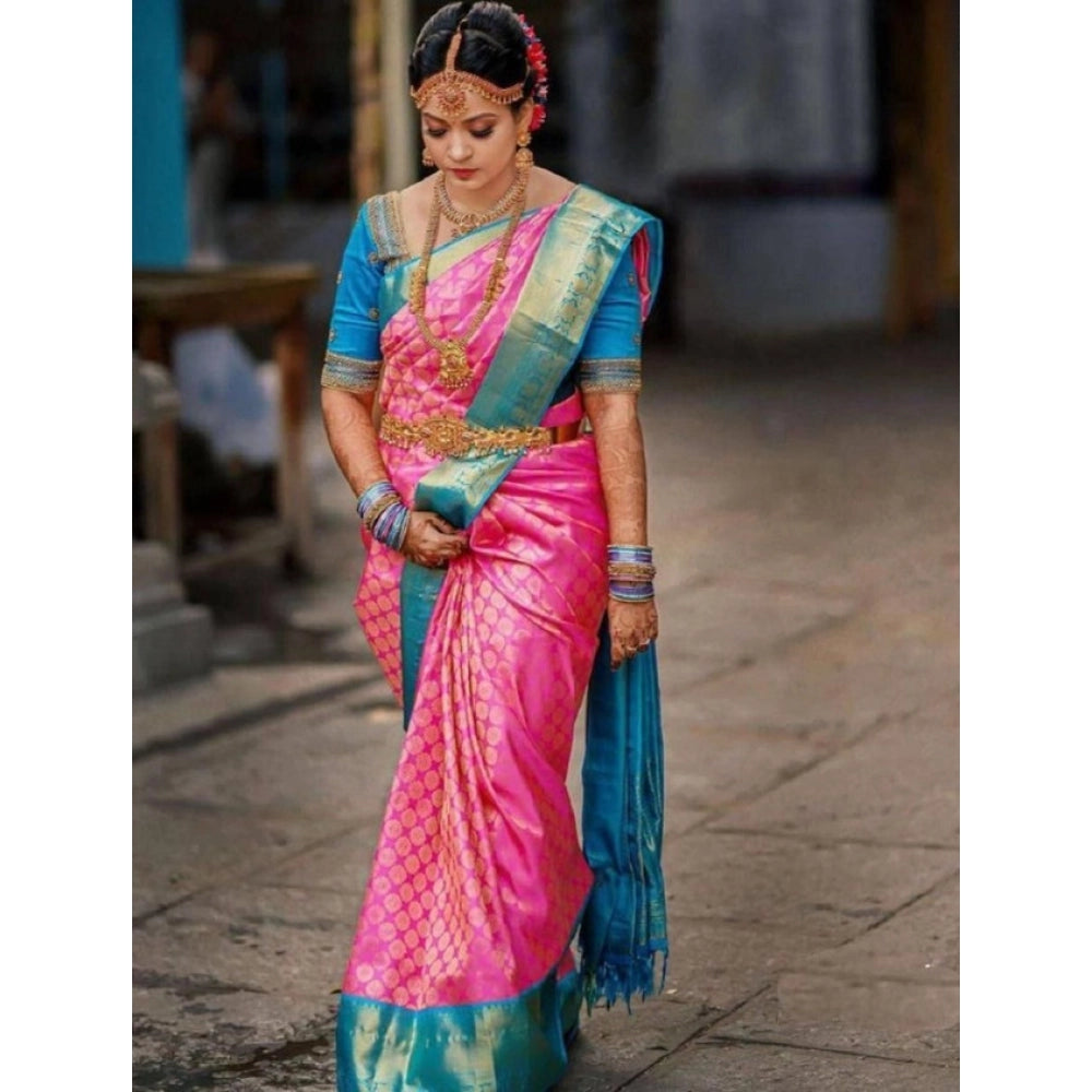 Women's Litchi silk Printed Saree With Unstitched Blouse (Pink) - VANSHELLE