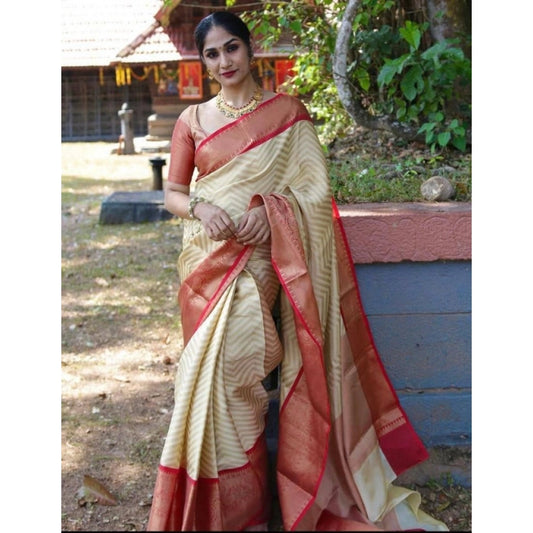 Women's Litchi silk Printed Saree With Unstitched Blouse (Beige) - VANSHELLE