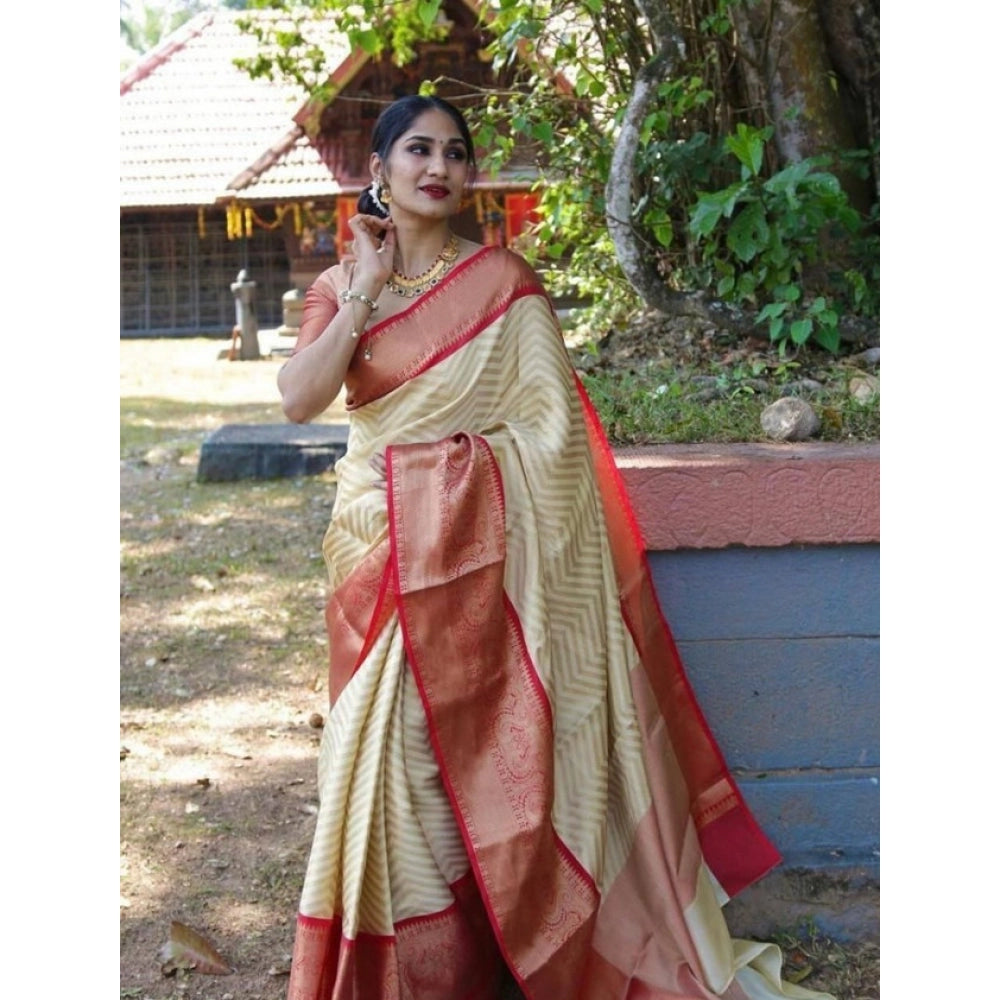 Women's Litchi silk Printed Saree With Unstitched Blouse (Beige) - VANSHELLE