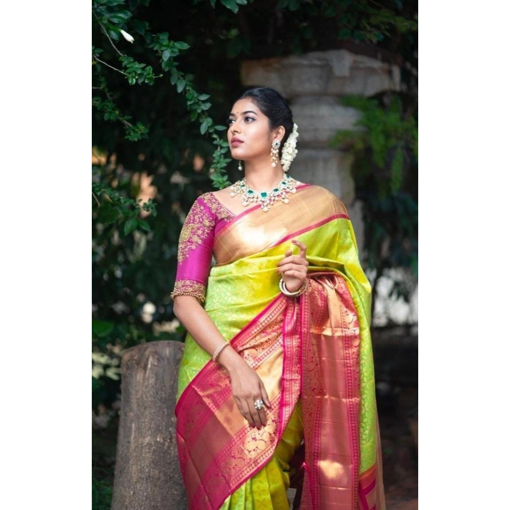Women's Litchi silk Printed Saree With Unstitched Blouse (Green) - VANSHELLE