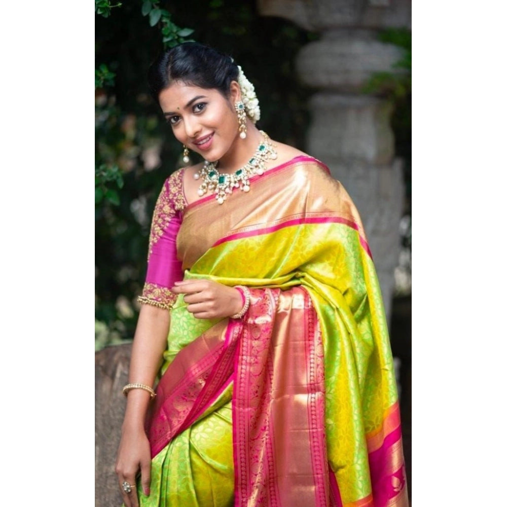 Women's Litchi silk Printed Saree With Unstitched Blouse (Green) - VANSHELLE
