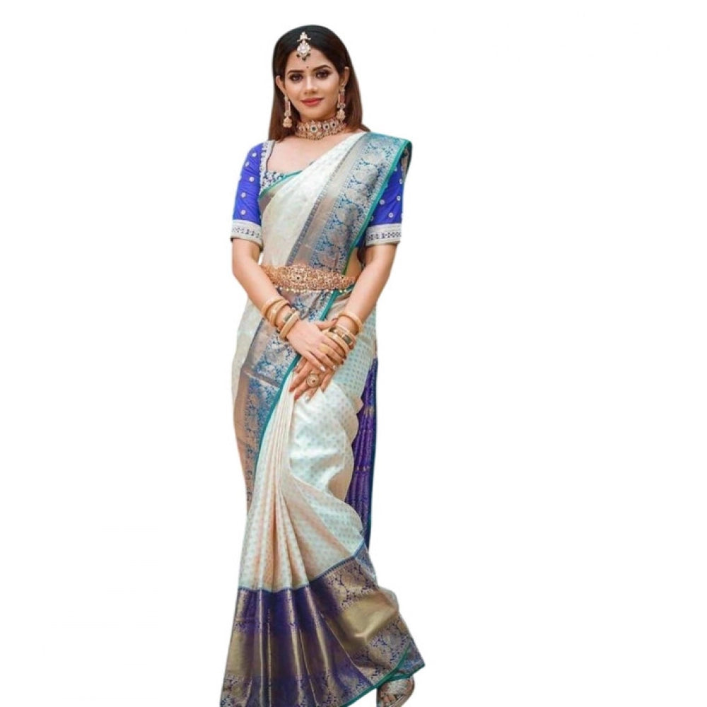 Women'S Litchi Silk Printed Saree With Unstitched Blouse (Off