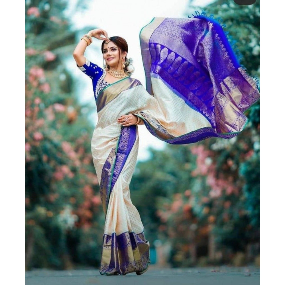 Women'S Litchi Silk Printed Saree With Unstitched Blouse (Off