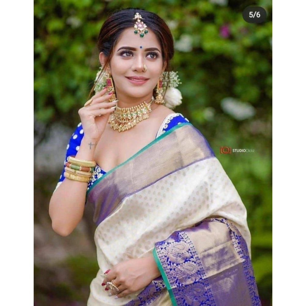 Women'S Litchi Silk Printed Saree With Unstitched Blouse (Off