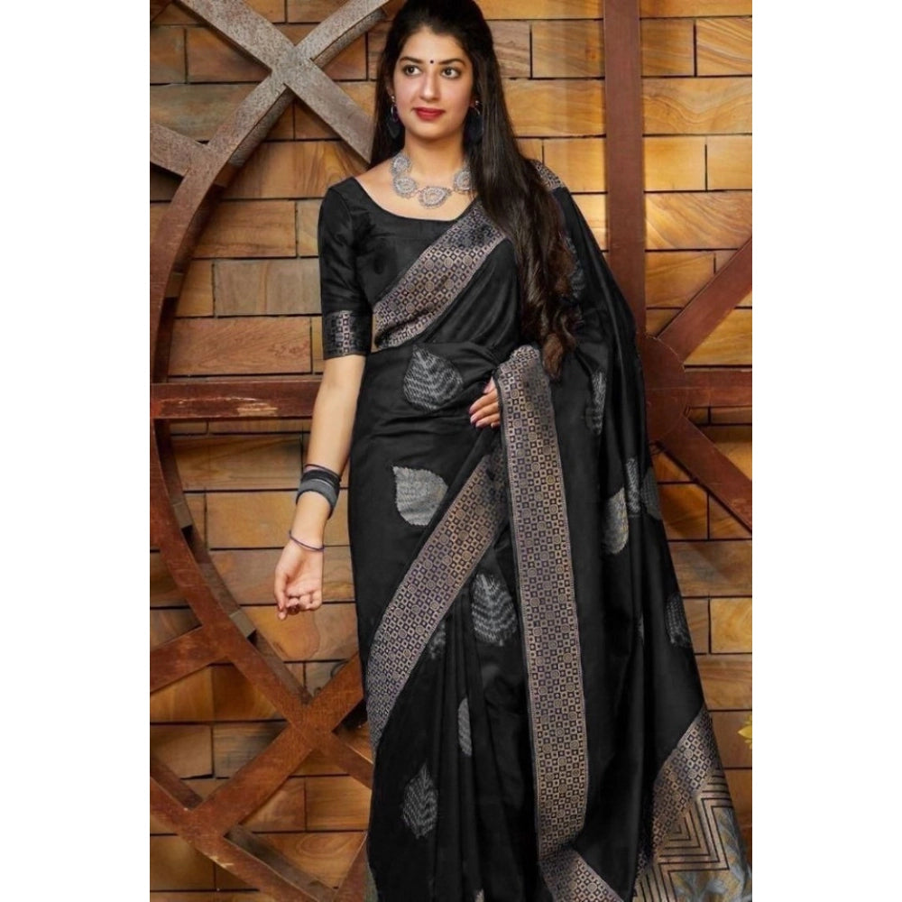 Women's Litchi silk Printed Saree With Unstitched Blouse (Black) - VANSHELLE