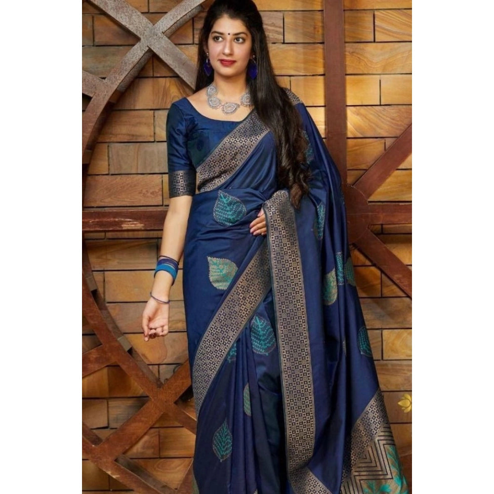 Women's Litchi silk Printed Saree With Unstitched Blouse (Blue) - VANSHELLE
