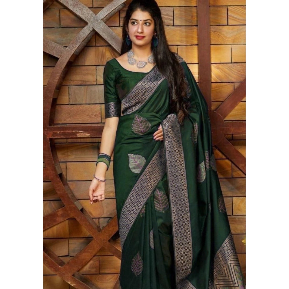 Women's Litchi silk Printed Saree With Unstitched Blouse (Green) - VANSHELLE